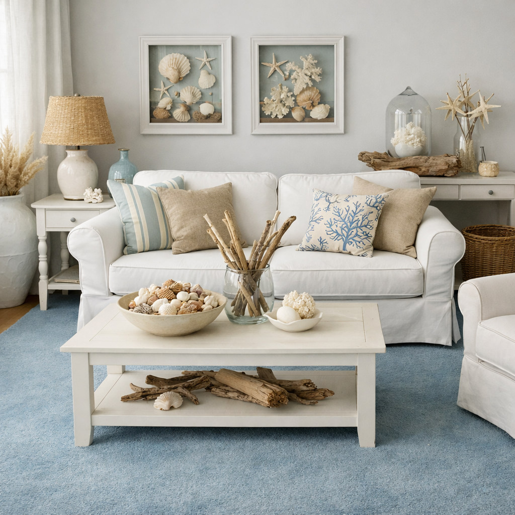 Living room with blue carpet, white sofas, and coastal decor elements