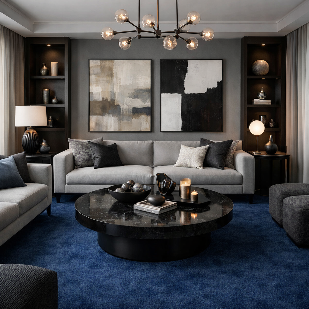 Elegant living room featuring a blue carpet with gray and black accents.
