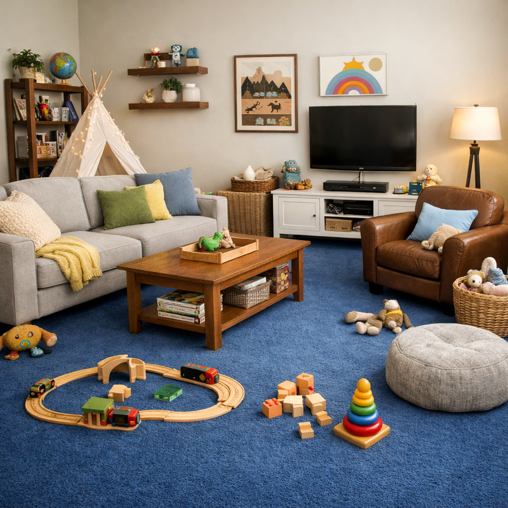 A cozy family living room with a blue carpet, gray sofa, wooden furniture, and colorful toys.