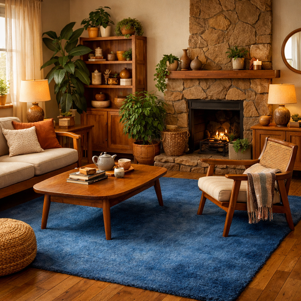 Cozy living room featuring a blue carpet with natural decor elements.