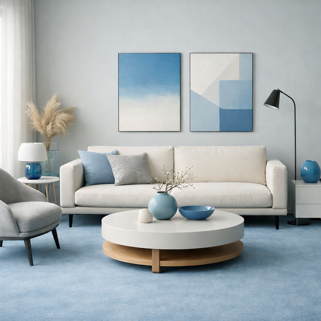 A modern minimalist living room featuring a blue carpet, light sofa with blue accents, and round coffee table.