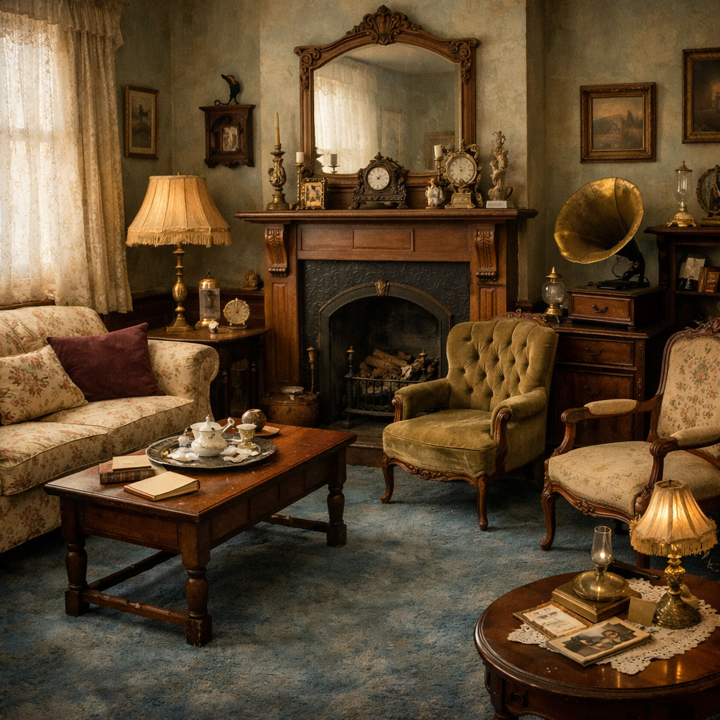 Vintage style living room with blue carpet, floral sofa, green velvet armchair, and antique decor.