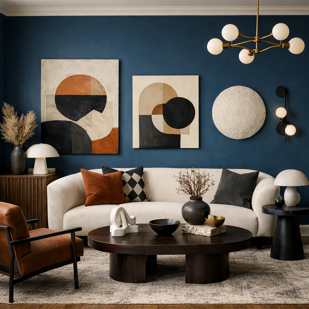 A living room with Hague Blue accent walls featuring abstract art and cozy furniture