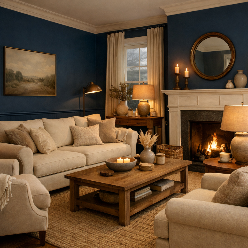 Cozy living room featuring Hague Blue walls, beige furniture, and rustic wooden decor.