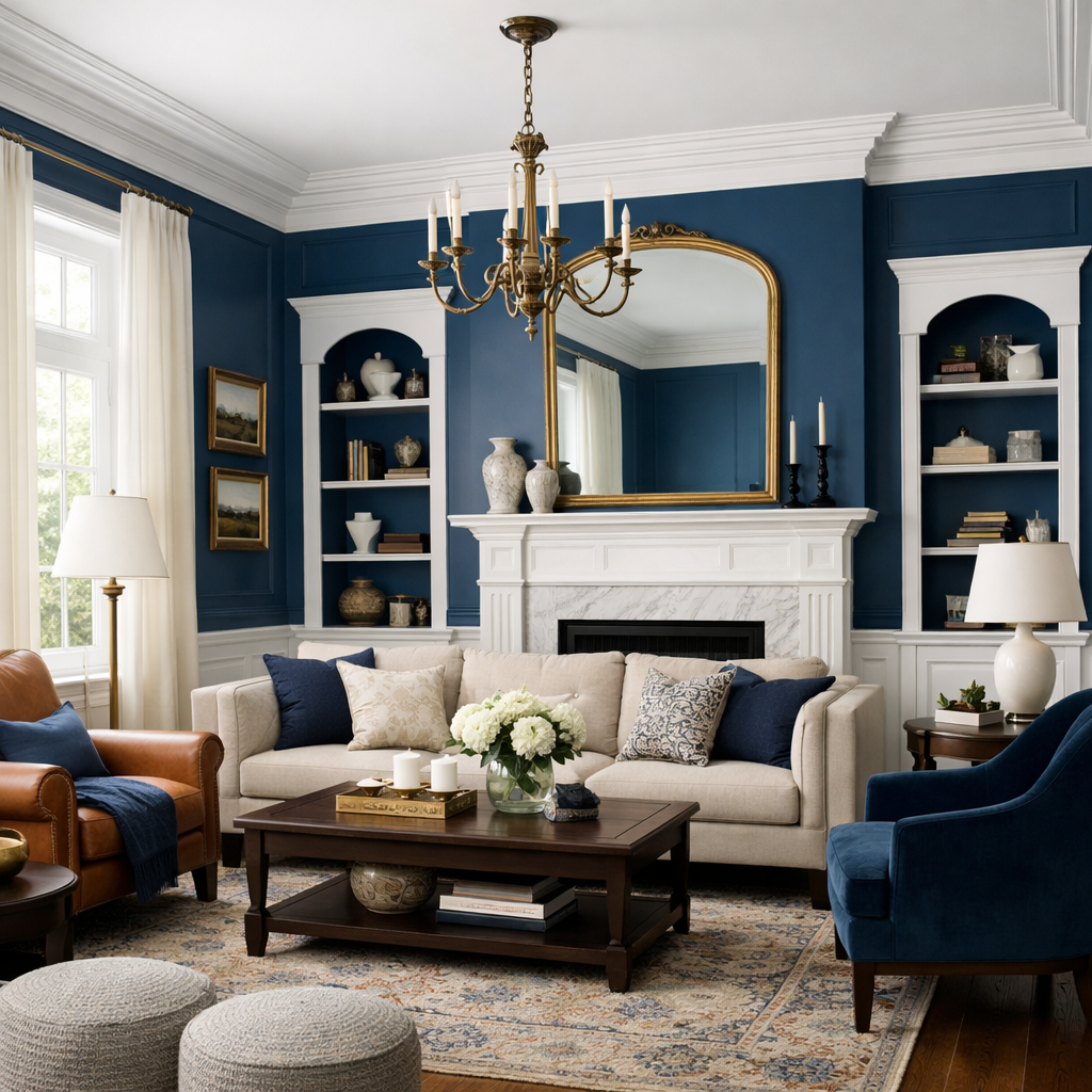 A stylish living room featuring Hague Blue walls with white trim, elegant furniture, and tasteful decor.