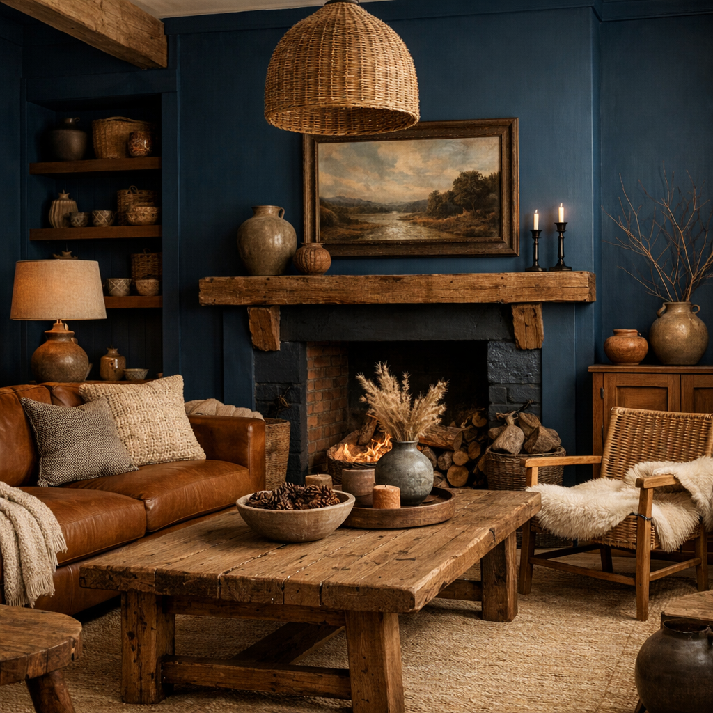 A cozy living room featuring Hague Blue walls and natural wood elements, including a leather sofa, rustic wooden table, and woven lighting.