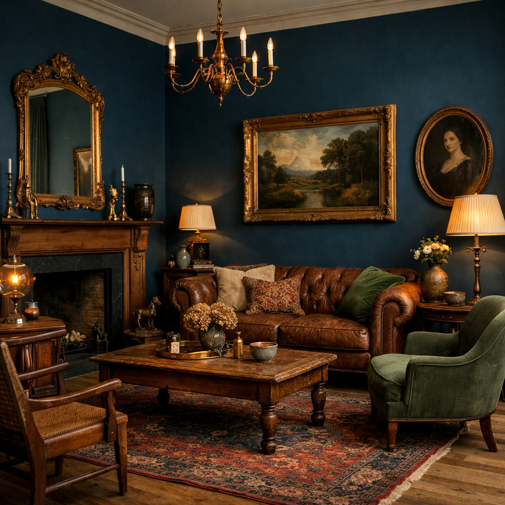 A cozy living room featuring Hague Blue walls and vintage furniture, including a leather sofa, wooden coffee table, and classic artwork.