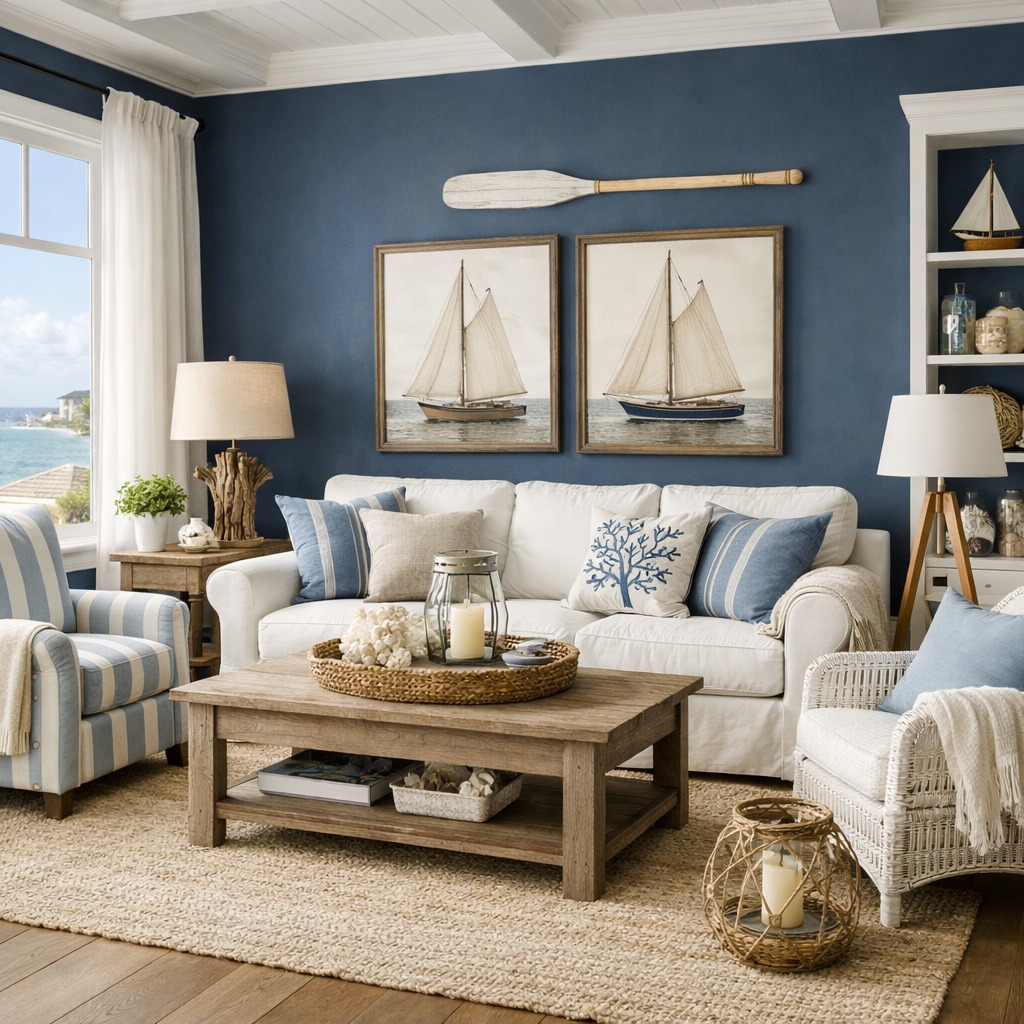 Coastal-inspired living room featuring Hague Blue walls, white furniture, nautical artwork, and natural textures.