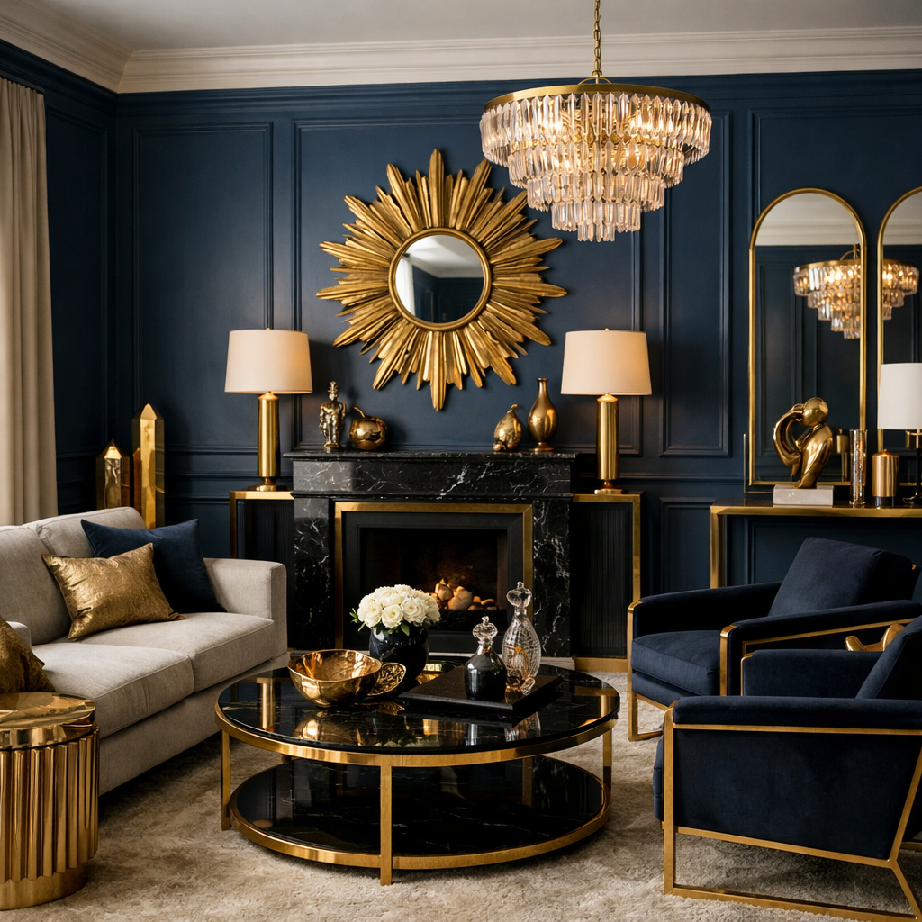 A cozy living room with Hague blue walls and luxurious metallic accents.