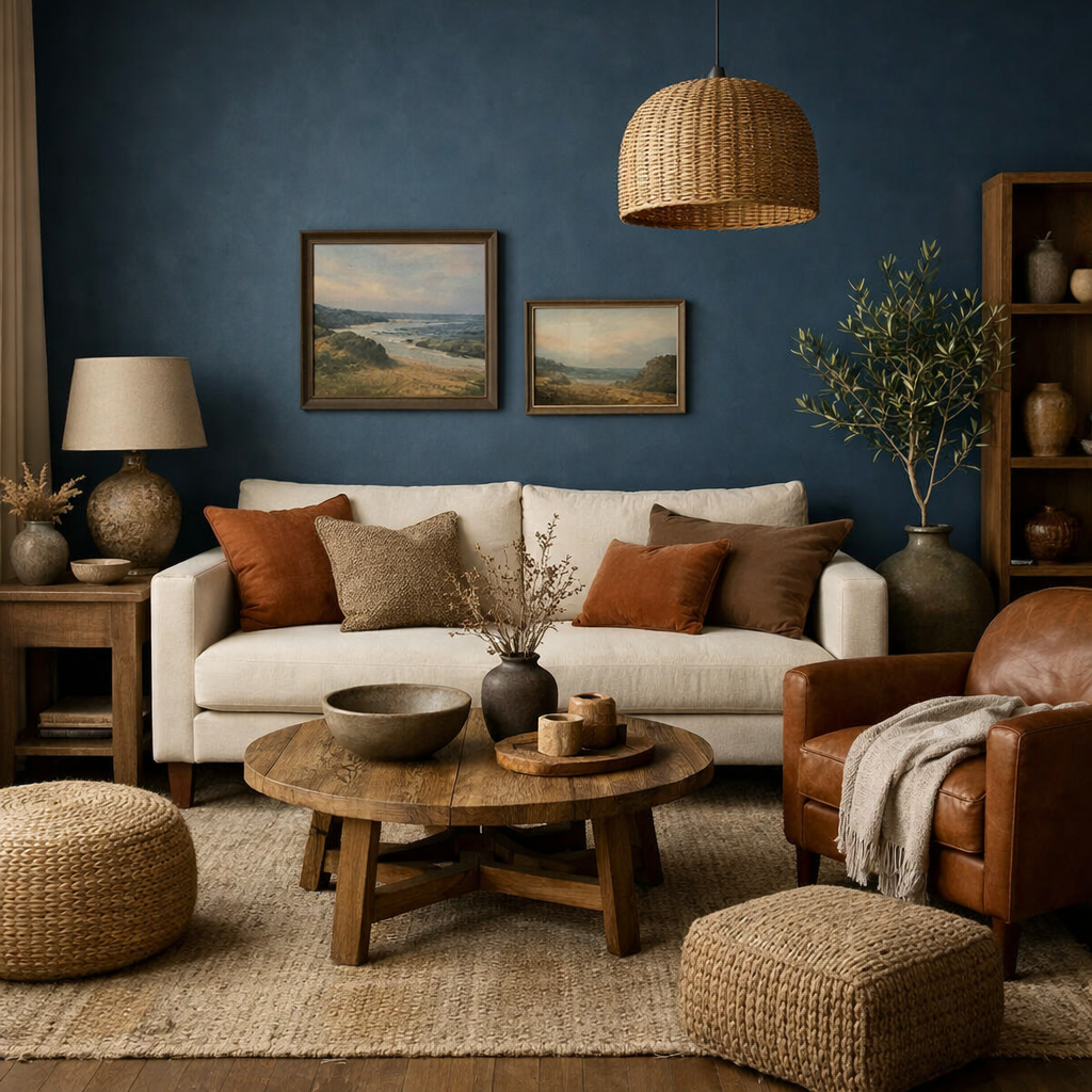 A cozy living room featuring Hague Blue walls paired with a white sofa, earthy toned cushions, wooden furniture, and natural decor.