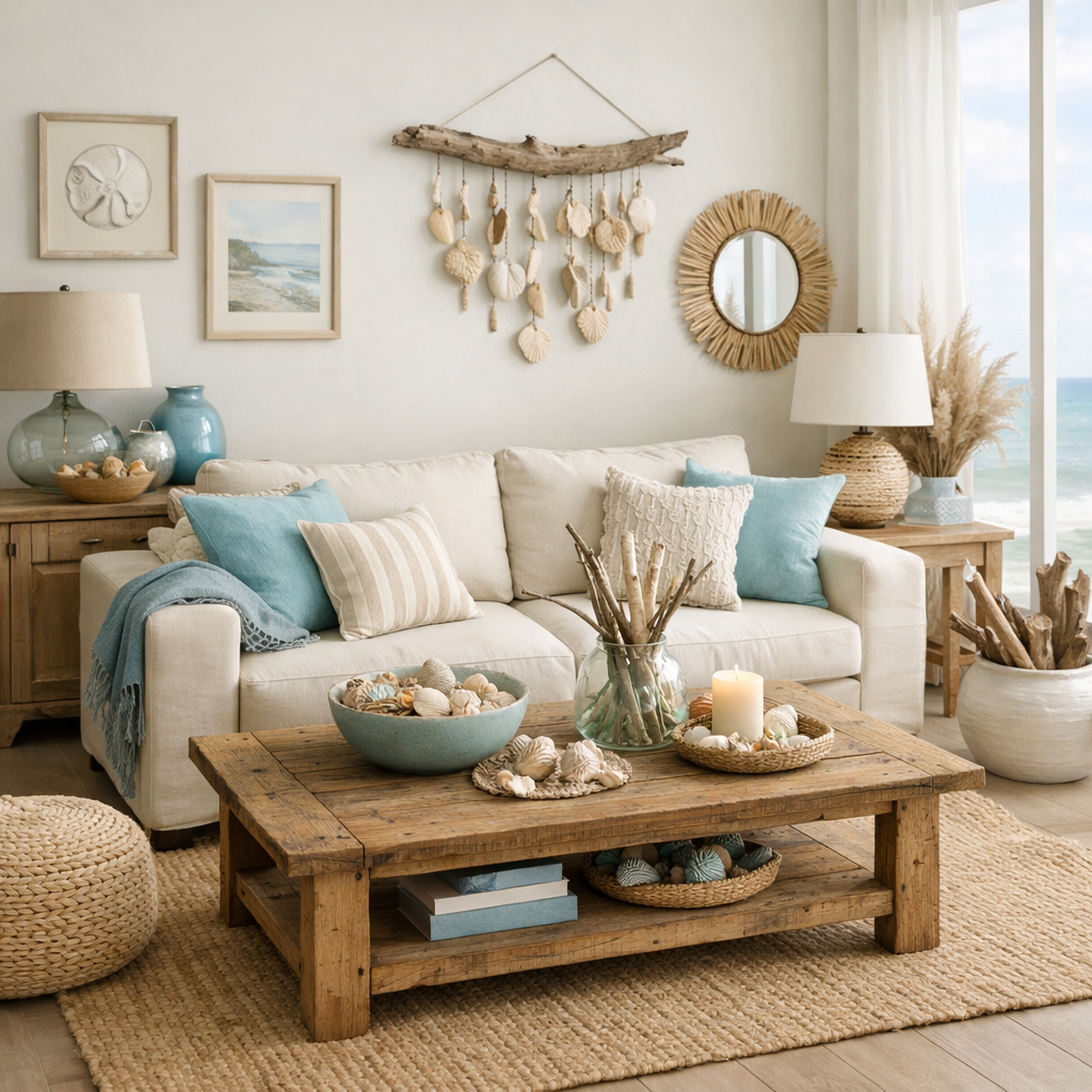 A cozy living room featuring duck egg blue accents, natural materials, and coastal decor.