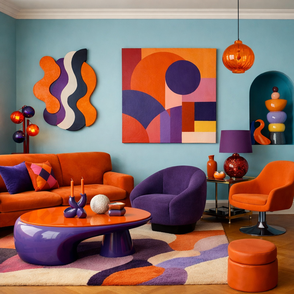 A colorful living room featuring duck egg blue walls, orange and purple furniture, and bold abstract art.