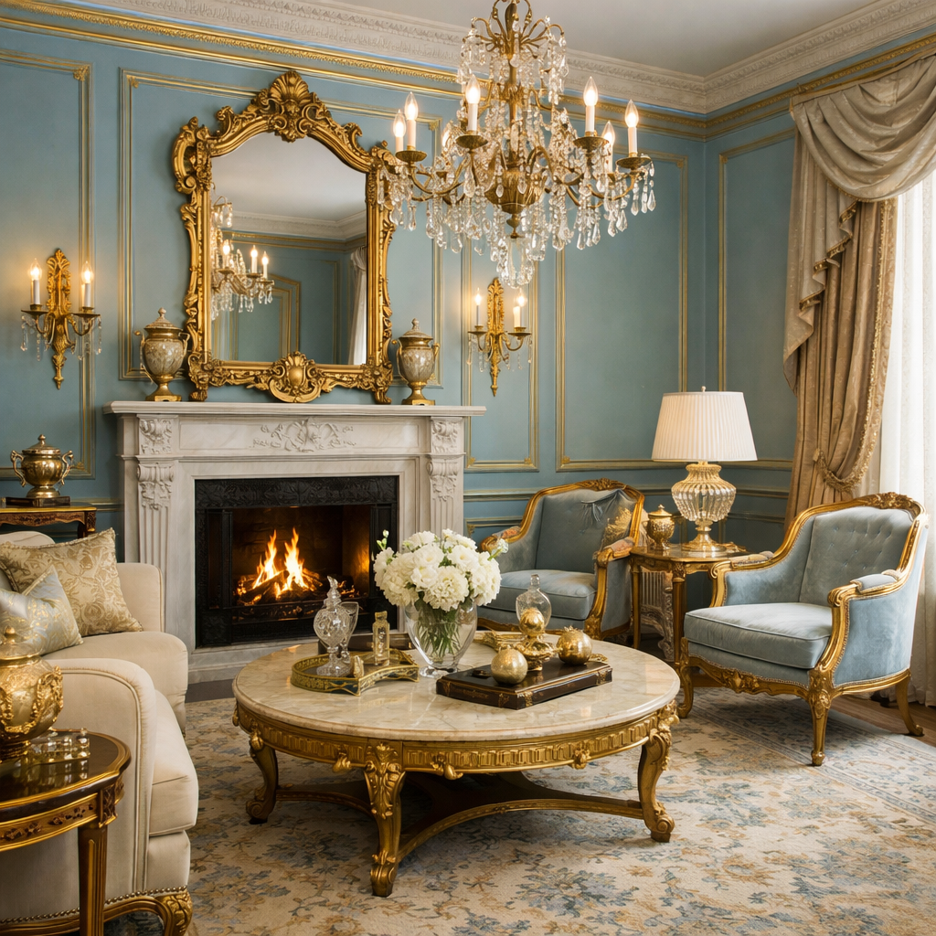 Elegant living room featuring duck egg blue walls and gold accents.