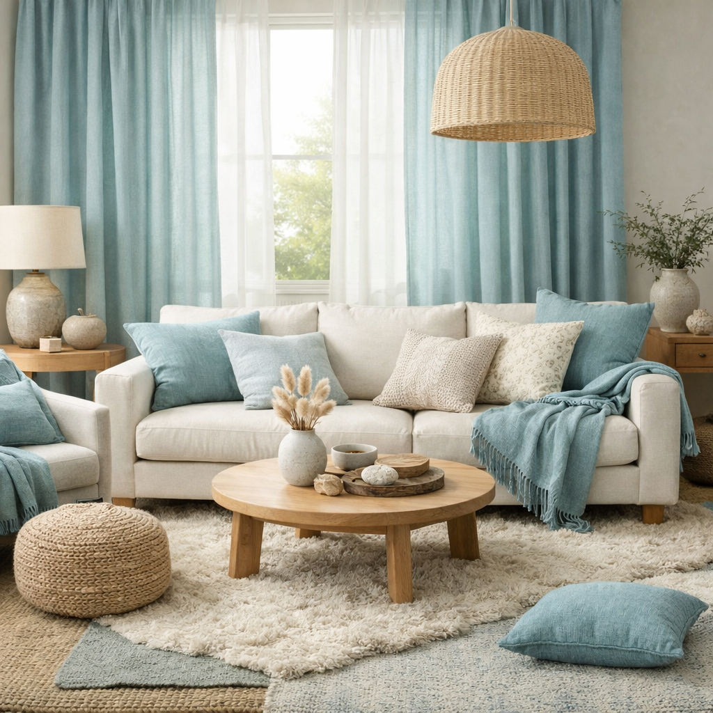 A cozy living room featuring duck egg blue decor with linen textures, including pillows and a throw blanket.