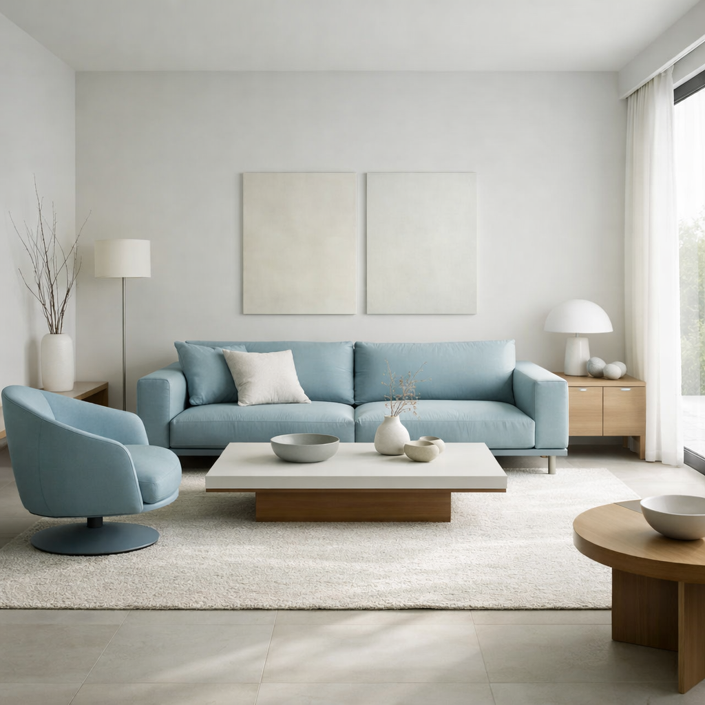 A modern living room showcasing a duck egg blue sofa, light decor, and minimalistic design.