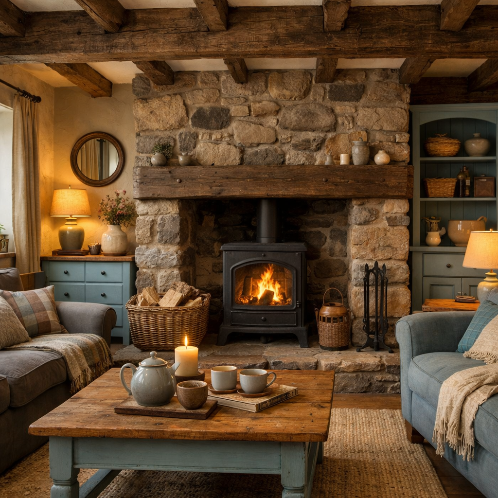 A rustic living room featuring a stone fireplace, duck egg blue furniture, and wooden beams