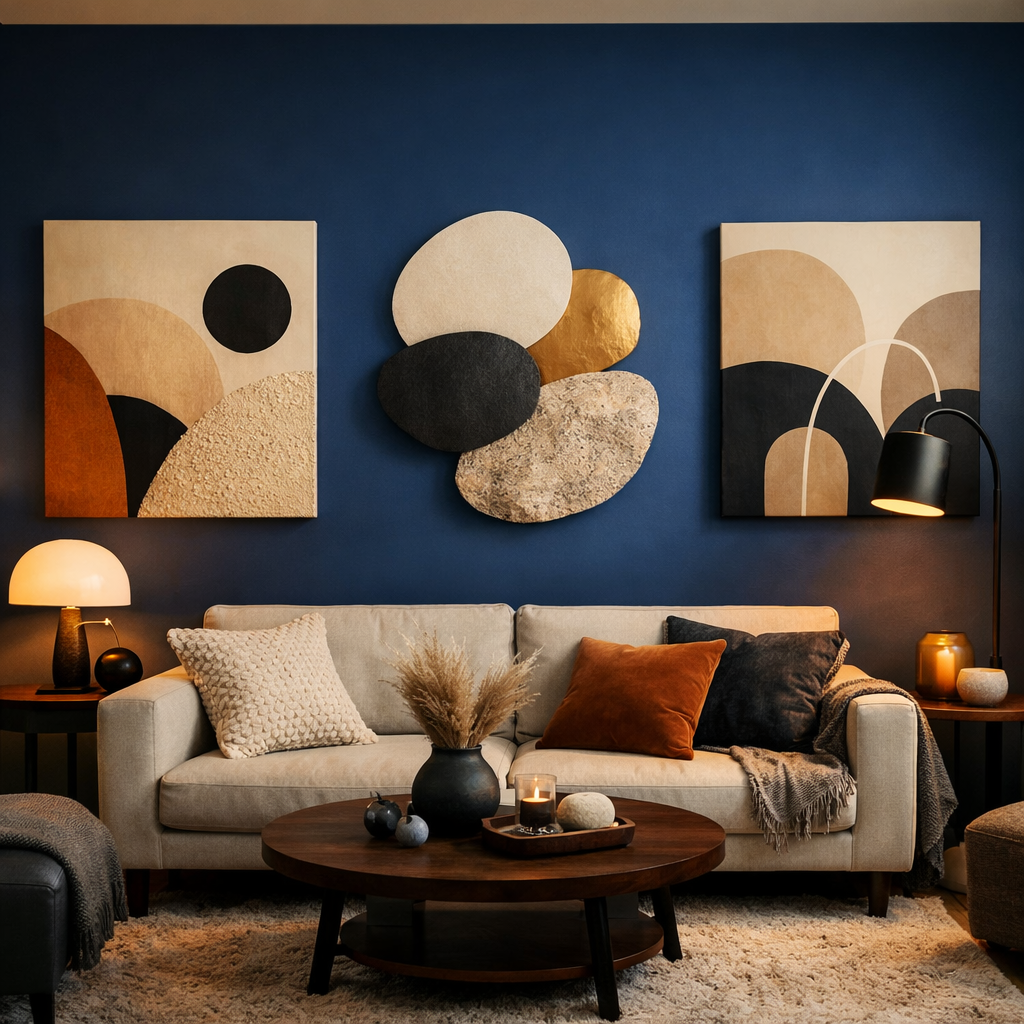 A cozy living room featuring a deep blue accent wall with abstract artwork, a beige sofa, and a round wooden coffee table.