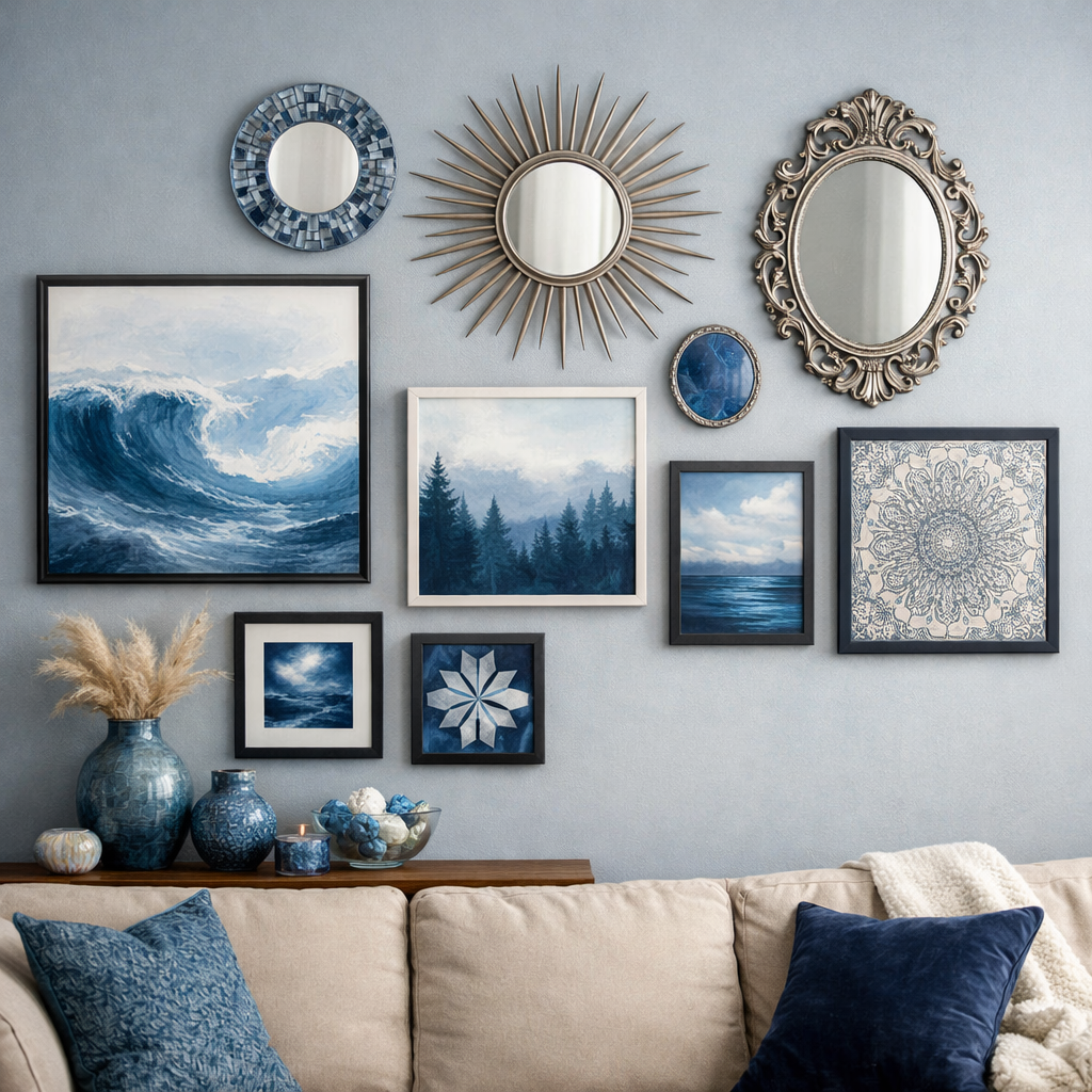 Artistic blue wall decor featuring various blue artworks and mirrors on a living room wall.