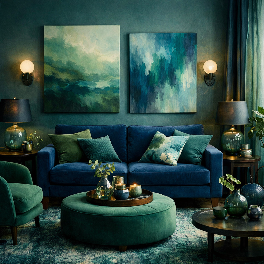 A cozy living room featuring a blue couch, green accents, and abstract blue and green artwork.