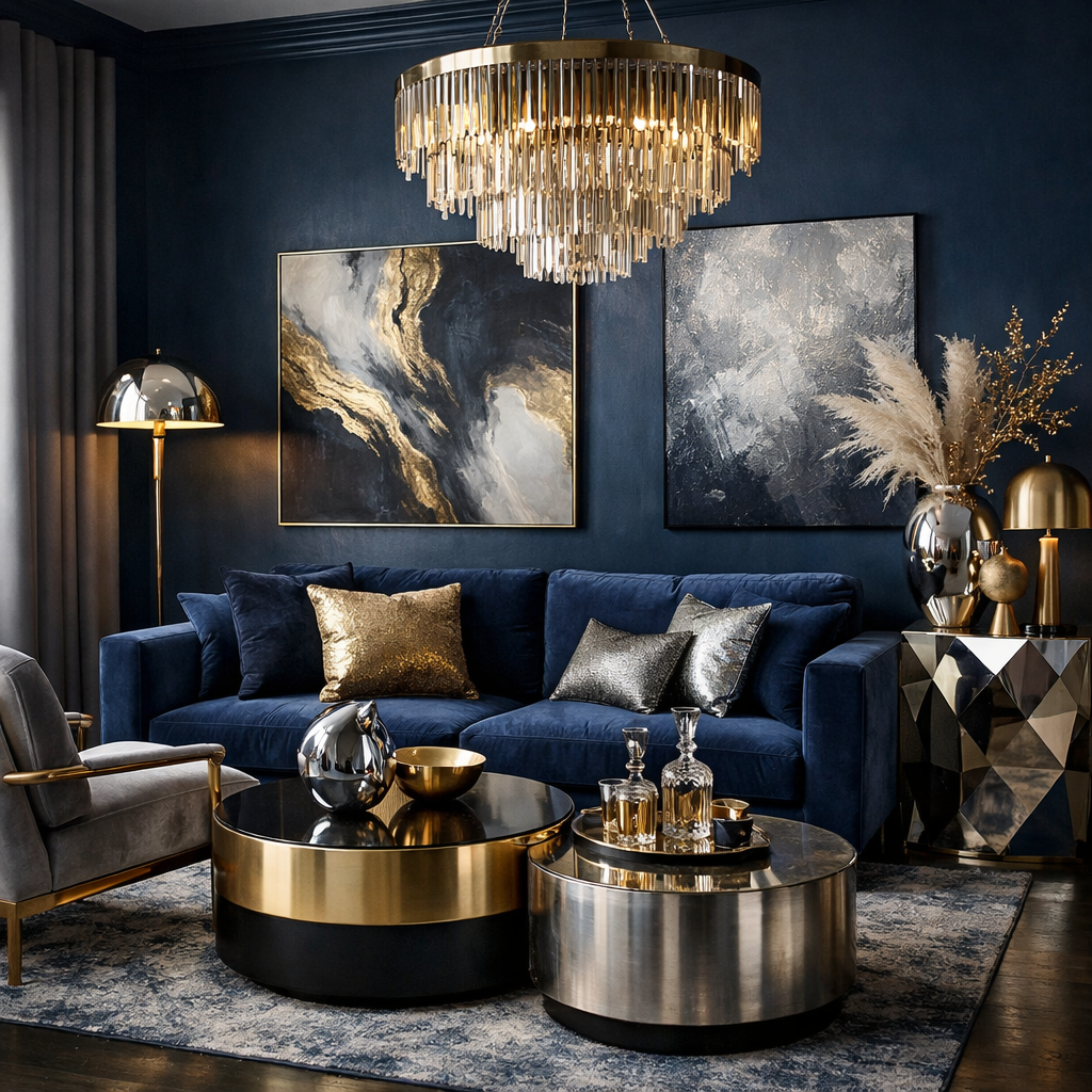 A beautifully designed moody blue living room featuring metallic accents with a chandelier and gold accessories.
