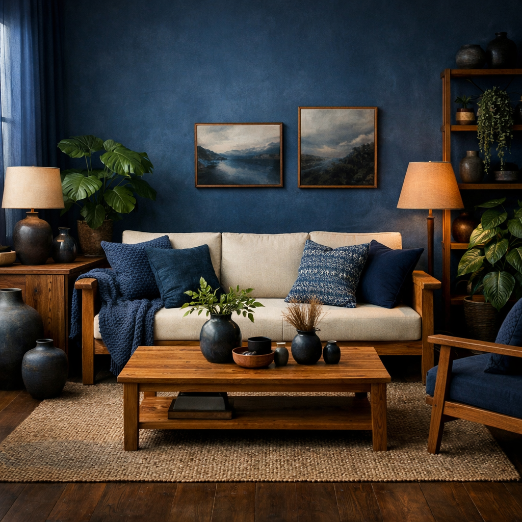 A cozy living room featuring moody blue walls and natural wood elements, including furniture and decor.