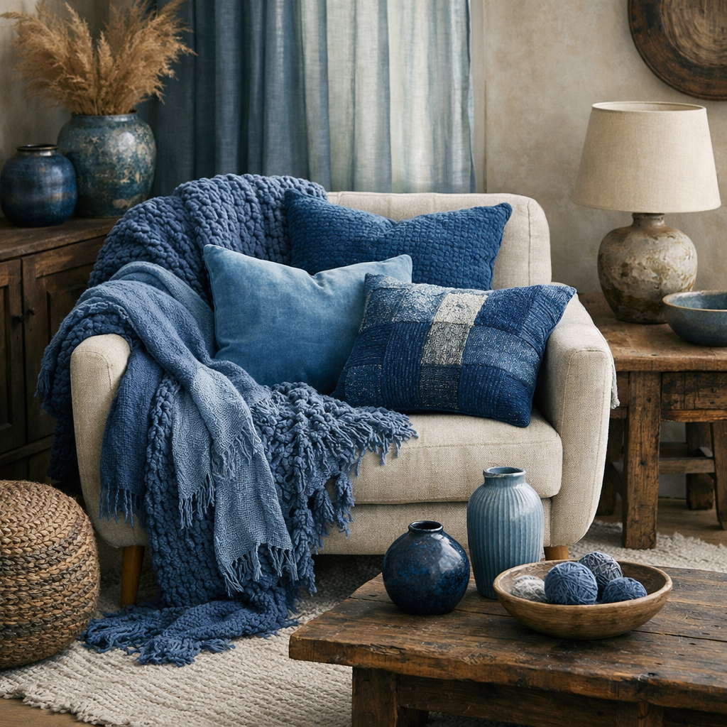 Cozy living room scene with blue fabrics and layered textures