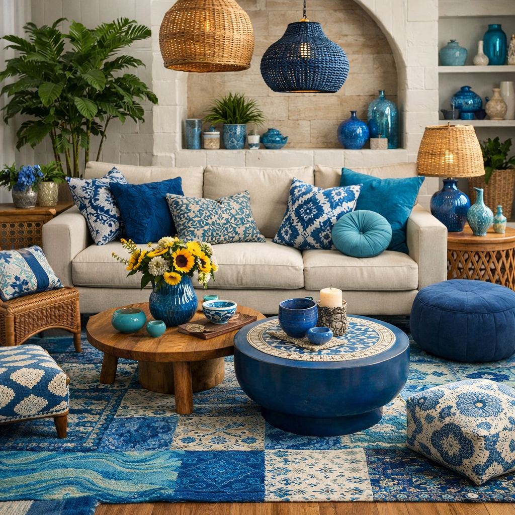 A cozy living room decorated in various shades of blue, featuring a beige sofa with patterned pillows, a coffee table, and colorful decorative items.