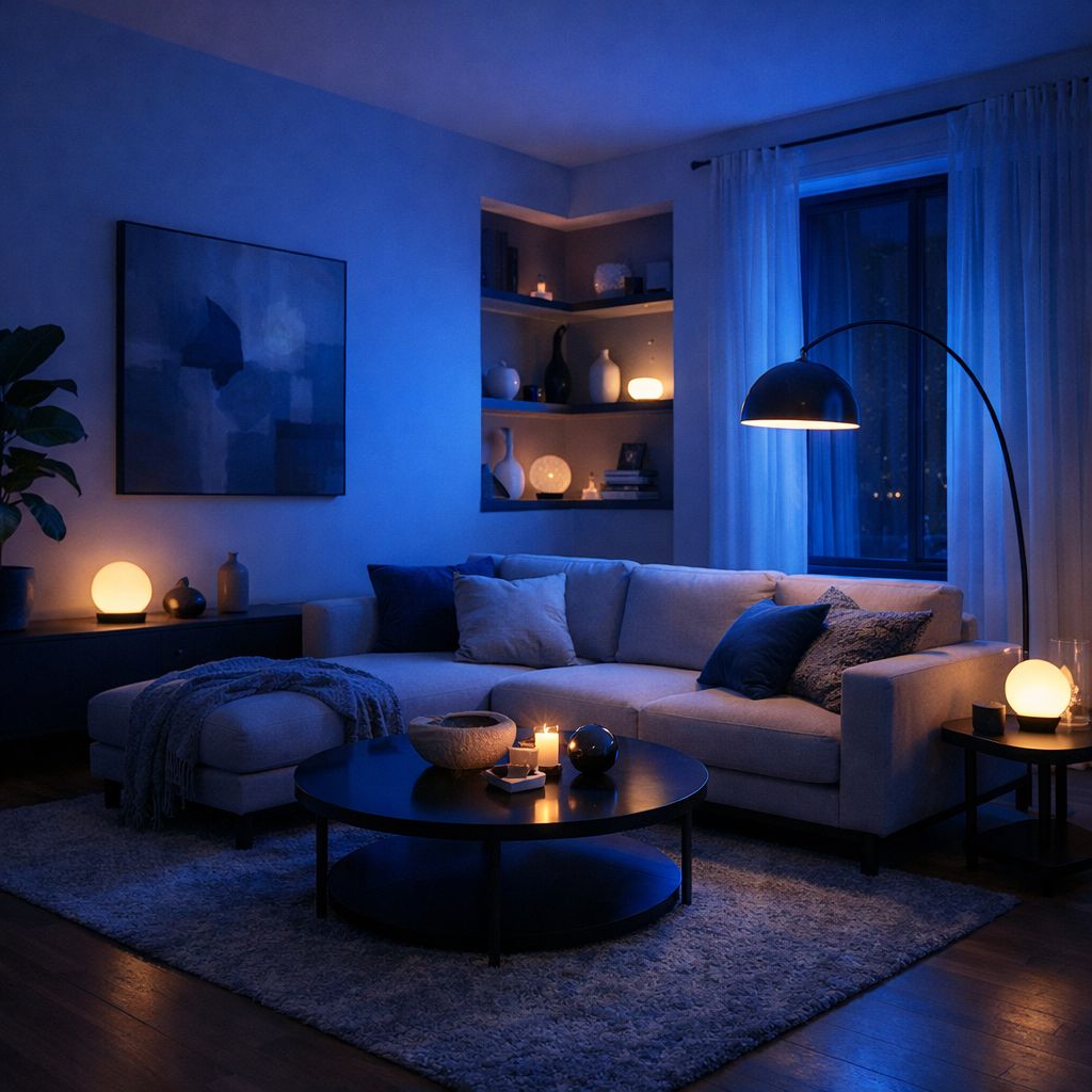 A moody blue living room featuring soft lighting, cozy furnishings and candles.