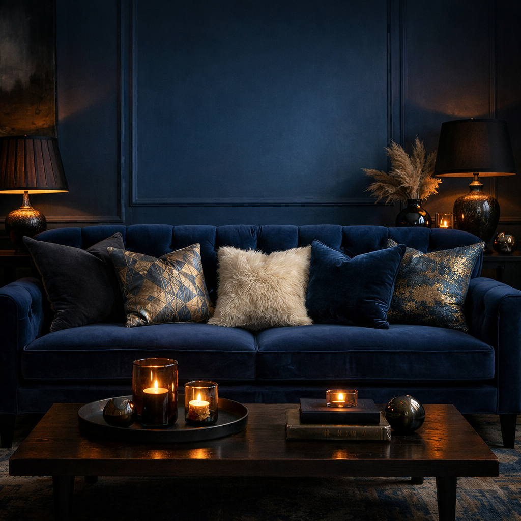 Navy velvet sofa adorned with decorative pillows and surrounded by warm lighting in a moody living room setting.