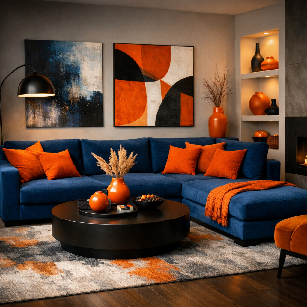 A blue sectional sofa adorned with orange accent pillows and a matching throw, surrounded by modern artwork and decor in a stylish living room.