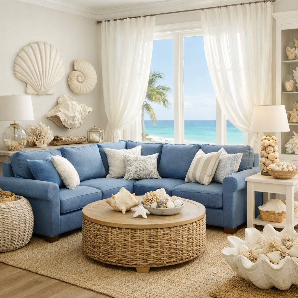 A blue sectional sofa in a coastal-themed living room with ocean views.