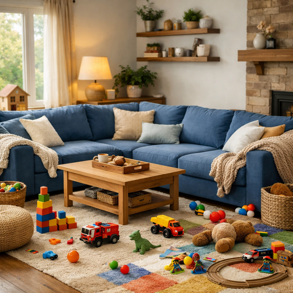 Family-friendly living room with a blue sectional, coffee table, and toys scattered around