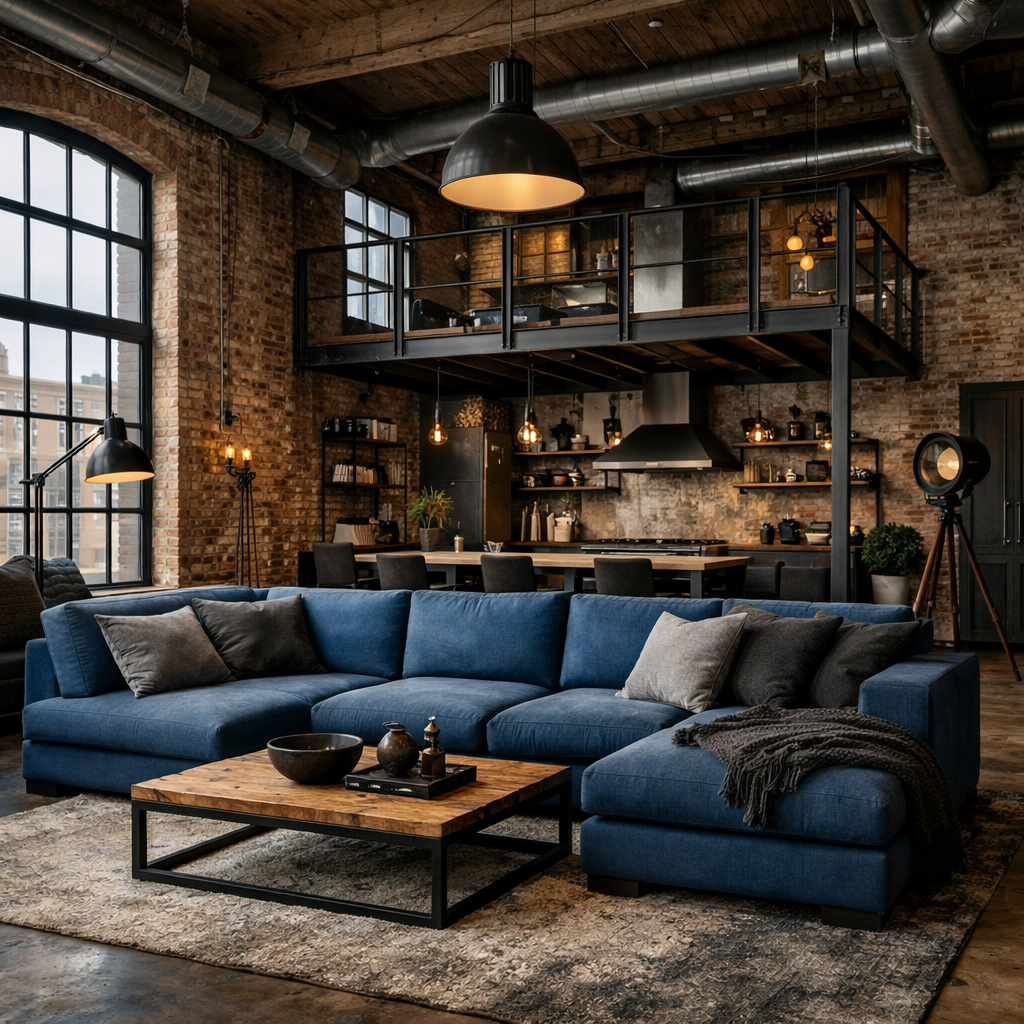 A blue sectional sofa in a stylish loft with industrial design elements.