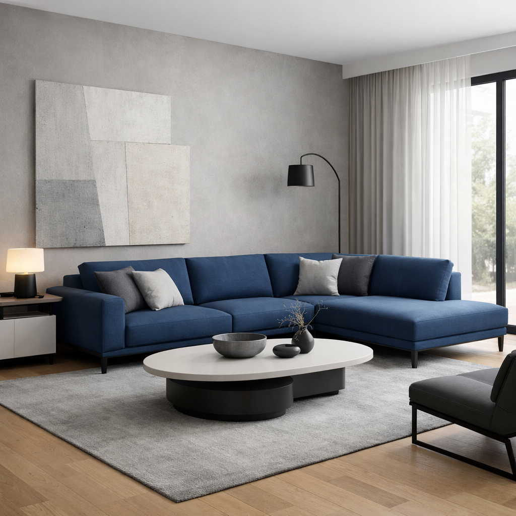 A modern minimalist living room featuring a blue sectional couch, a round coffee table, and a stylish decor.