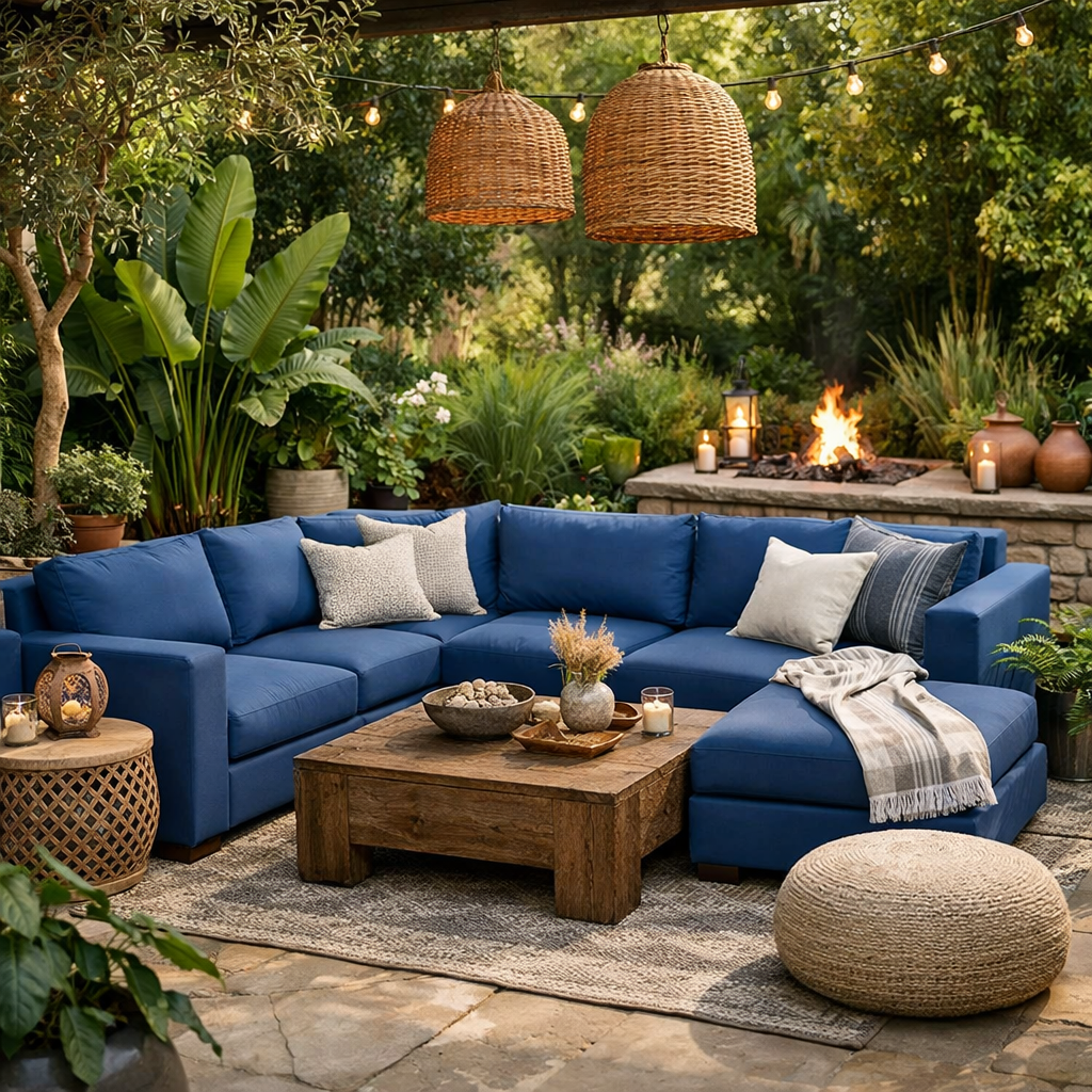 A blue sectional couch placed on a patio surrounded by greenery, with a rustic wooden coffee table, soft pillows, and hanging lanterns.