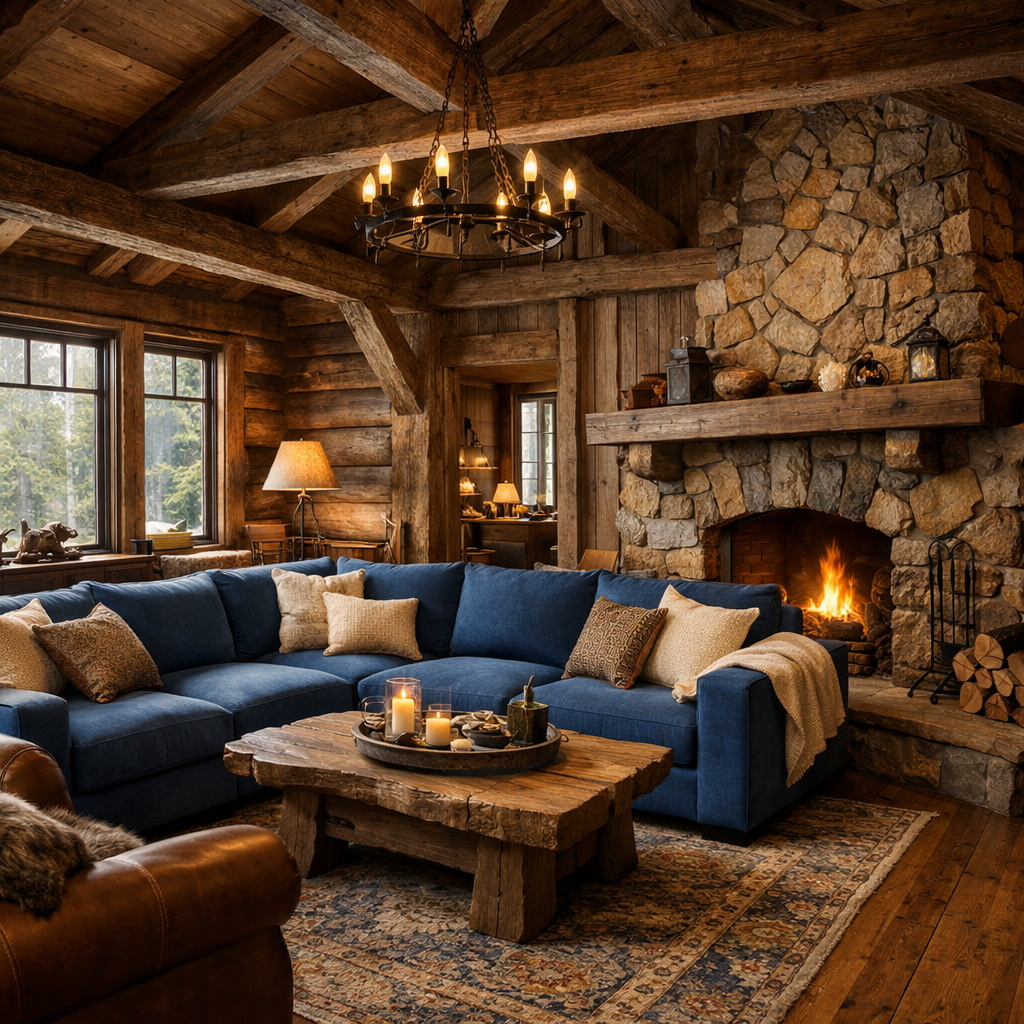 Cozy cabin living room featuring a blue sectional, rustic wooden decor, and a stone fireplace.