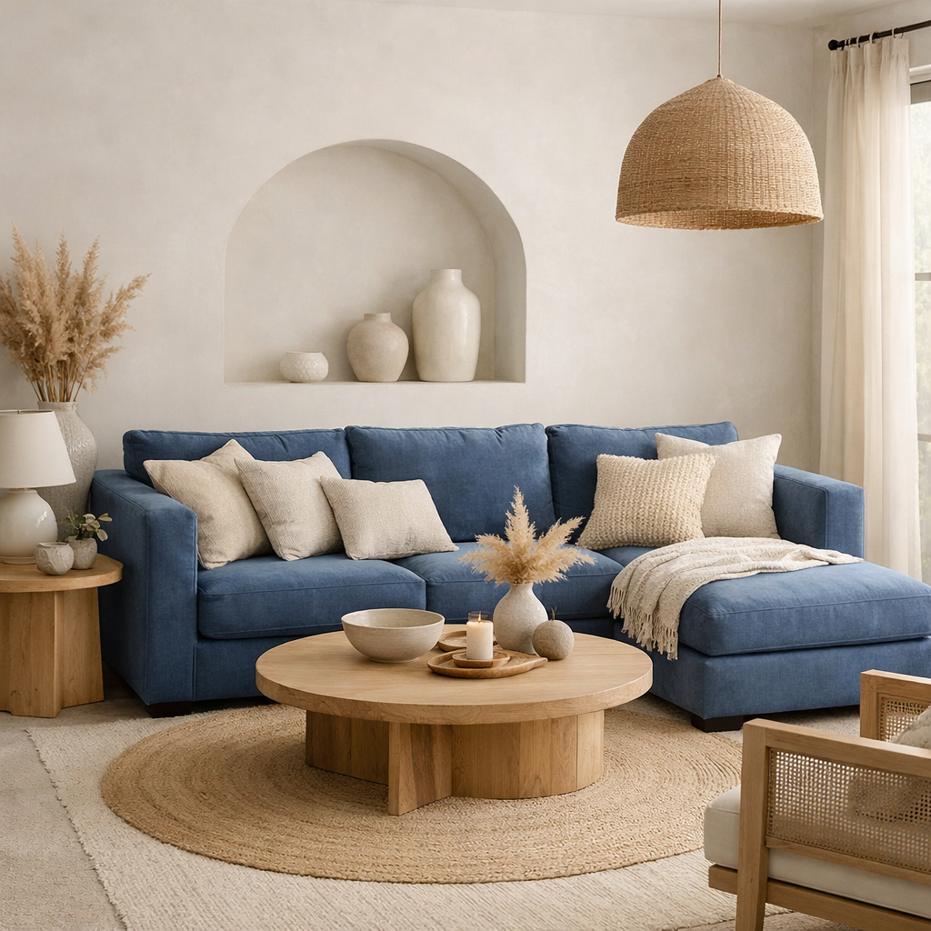 A serene living room with a blue sectional sofa, neutral decor, and natural elements.