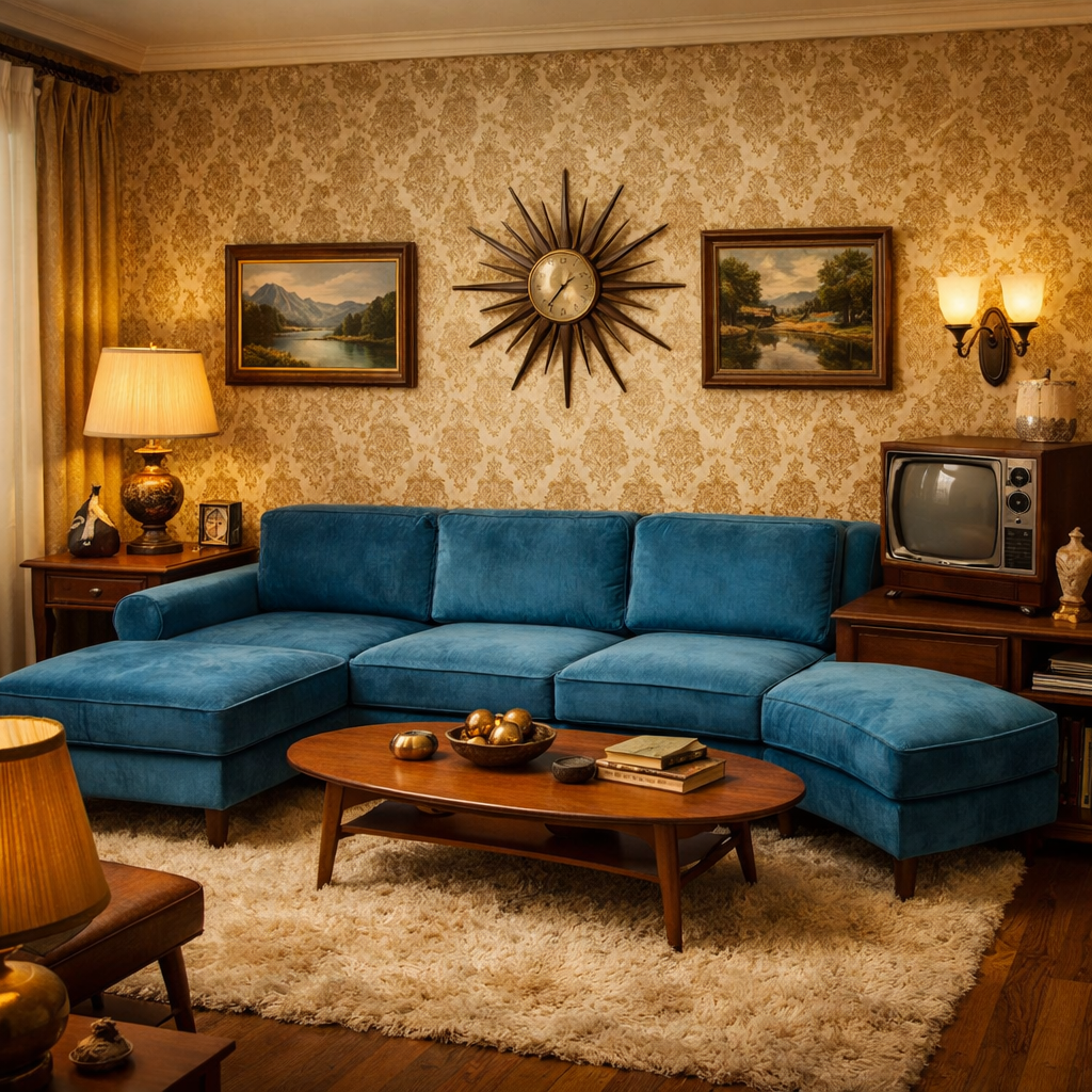 A vintage blue sectional sofa in a living room with retro decor and warm lighting.