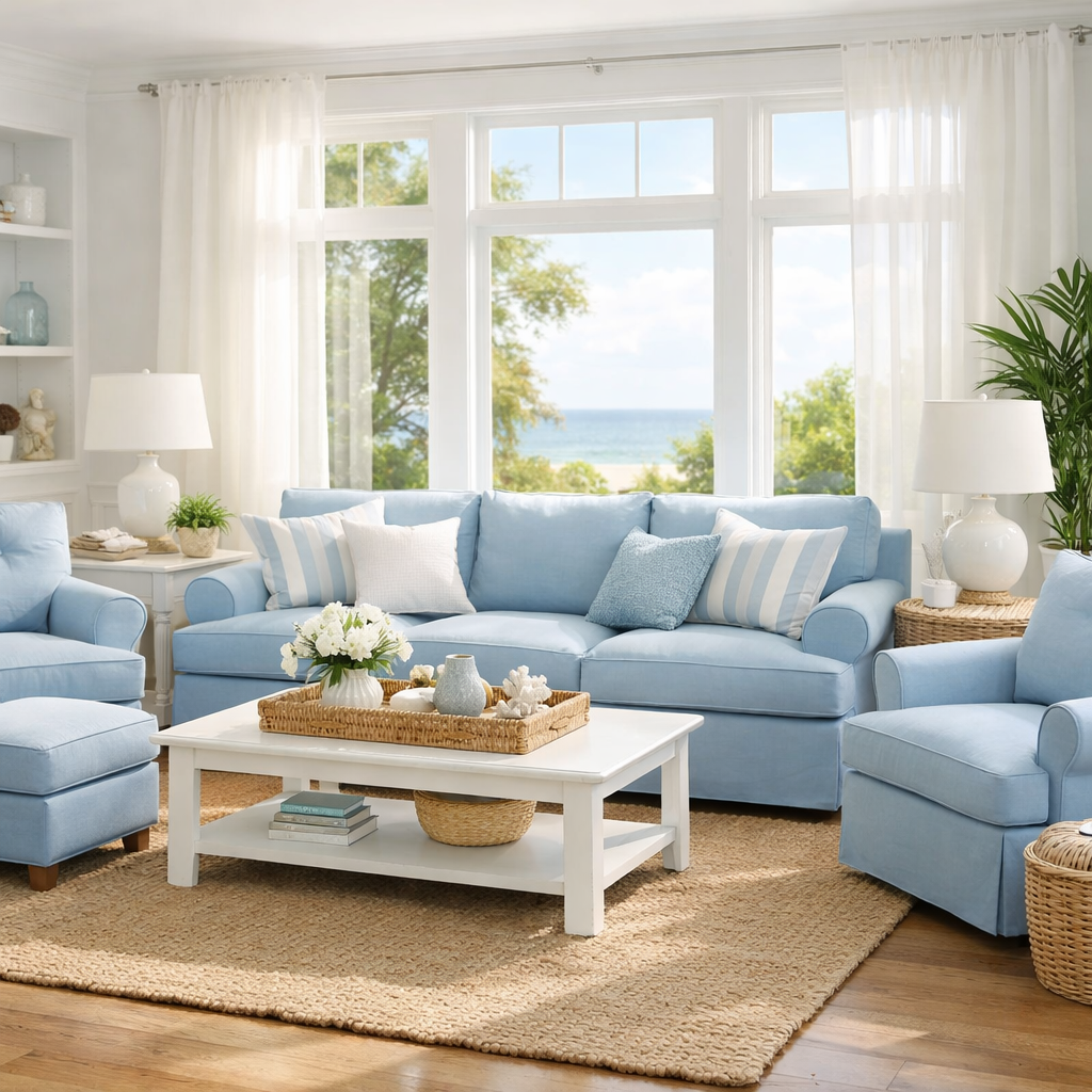 A bright living room with light blue furniture, large windows, and natural light.