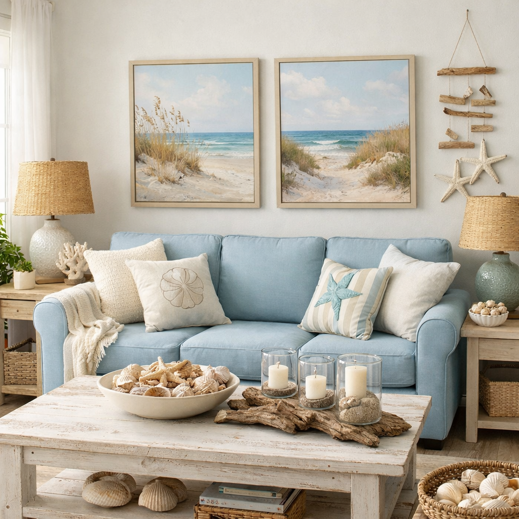 A cozy living room featuring a light blue sofa, coastal artwork, and beach-themed decor.