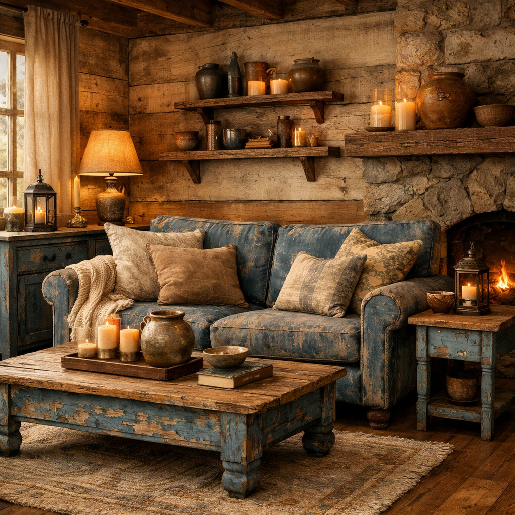 Cozy rustic living room featuring blue furniture, wooden accents, and warm lighting.