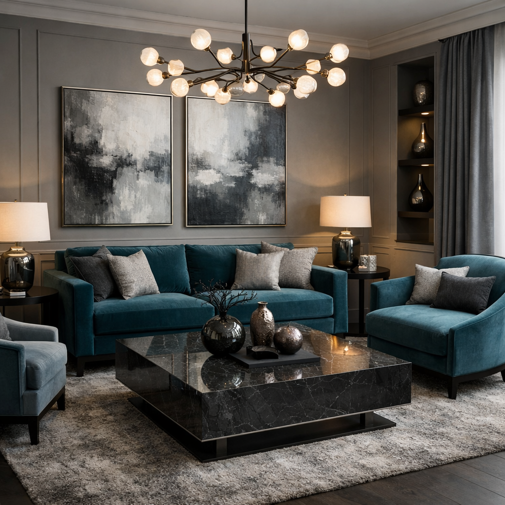 Living room featuring a teal sofa, gray walls, modern art, and stylish decor.