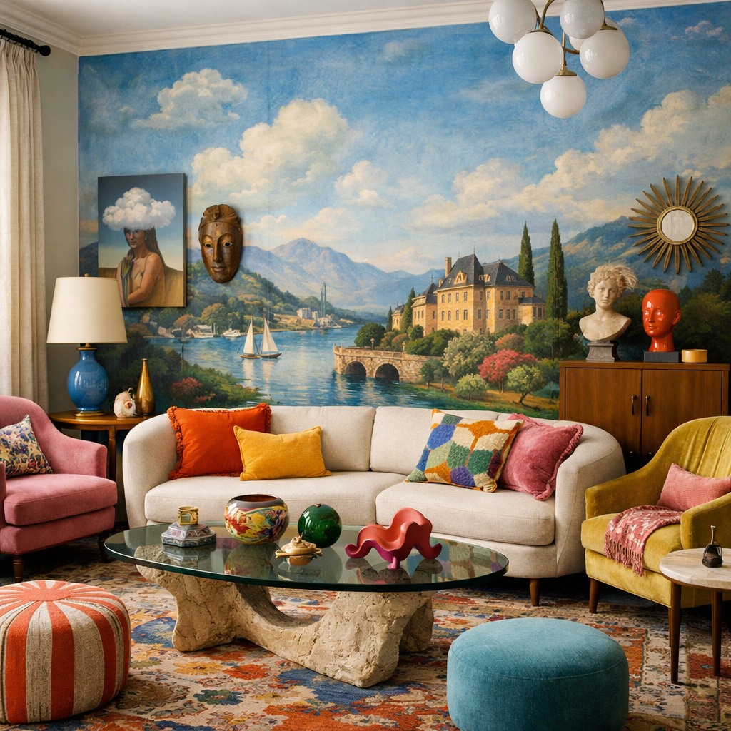 A colorful living room featuring a French blue mural, eclectic decor, and cozy seating.