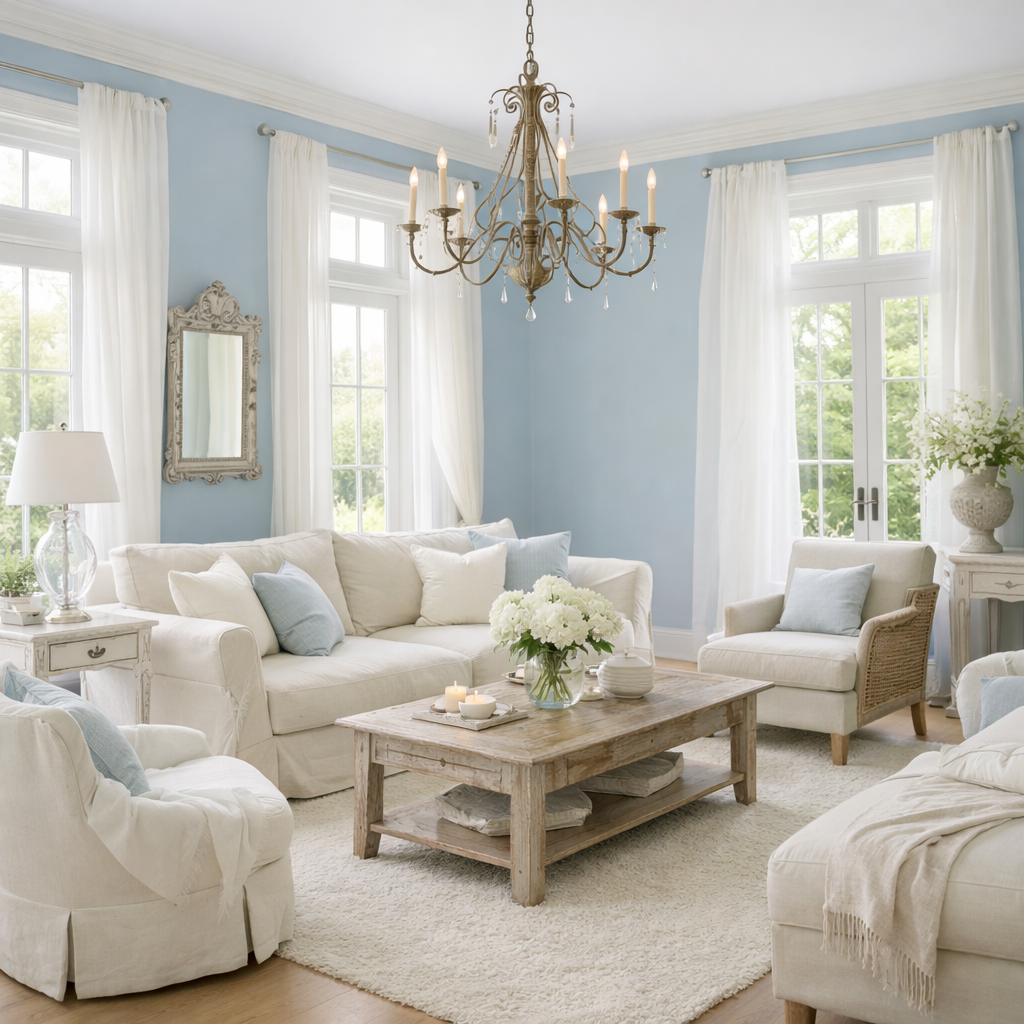 Bright living room with French blue walls, white furniture and a chandelier.