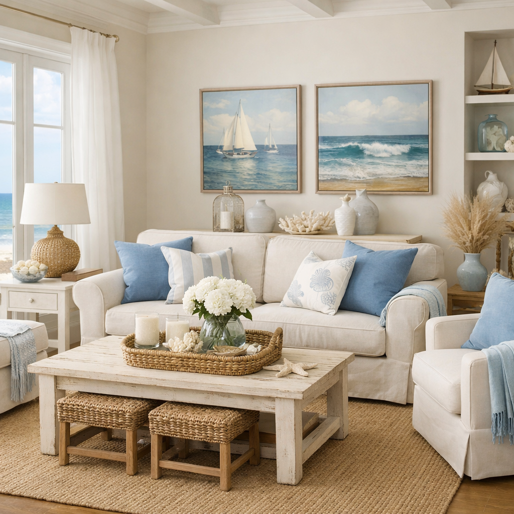 A coastal-themed living room featuring a white sofa with French blue pillows, a wooden coffee table with decorative items, and seaside artwork on the walls.