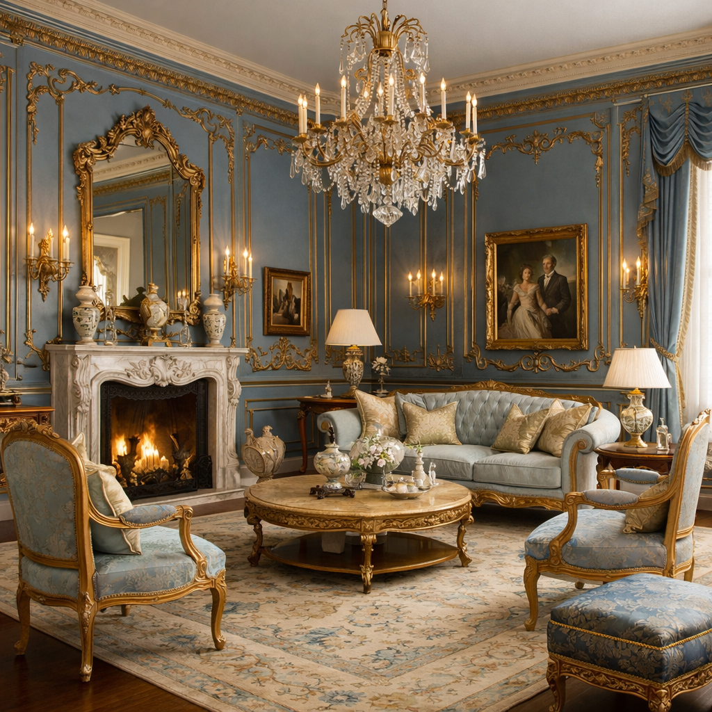 Elegant living room featuring French blue walls, gold accents, and chandelier.