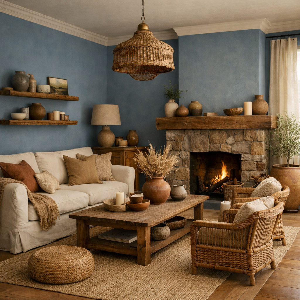 A living room featuring French blue walls, earthy tones, a stone fireplace, and natural decor.