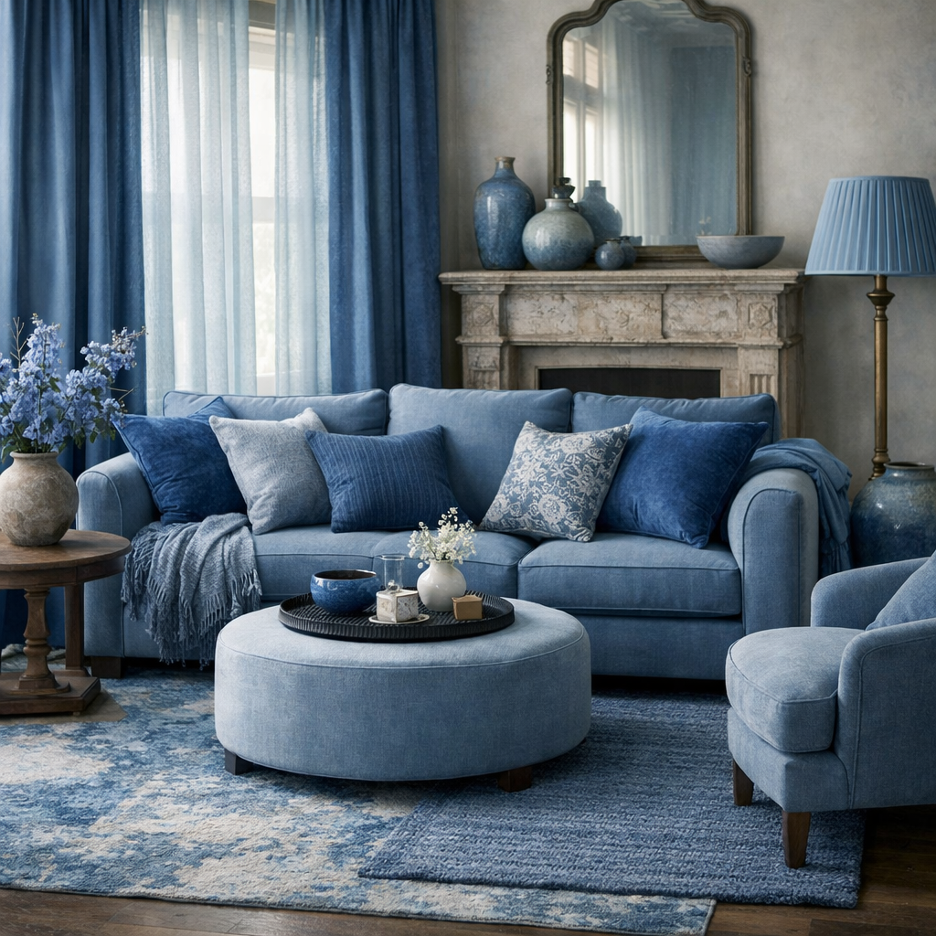 A cozy living room featuring layered textures in French blue, with various pillows and decor elements.