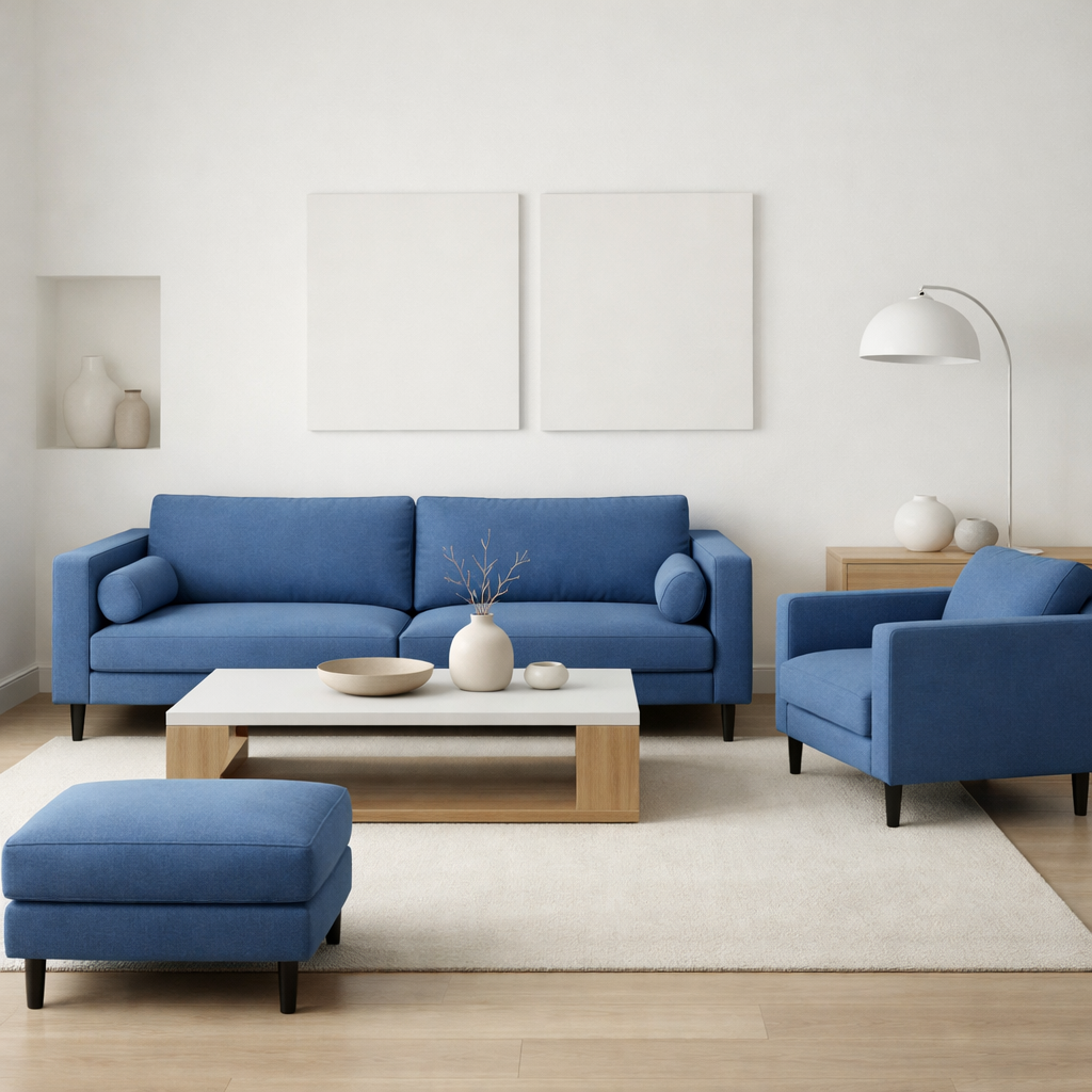 Modern minimalist living room featuring blue furniture, clean lines, and a serene atmosphere.