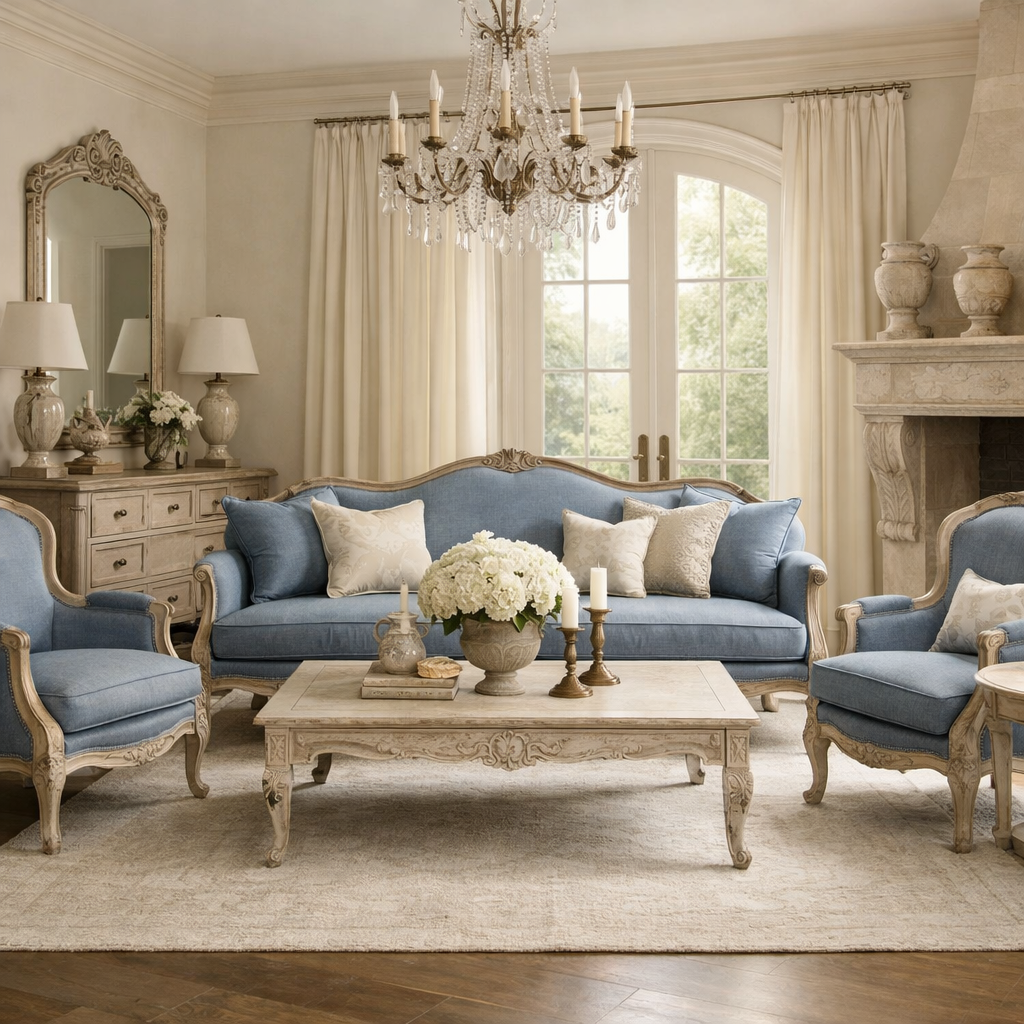 Elegant living room featuring French blue furniture with neutral decor.